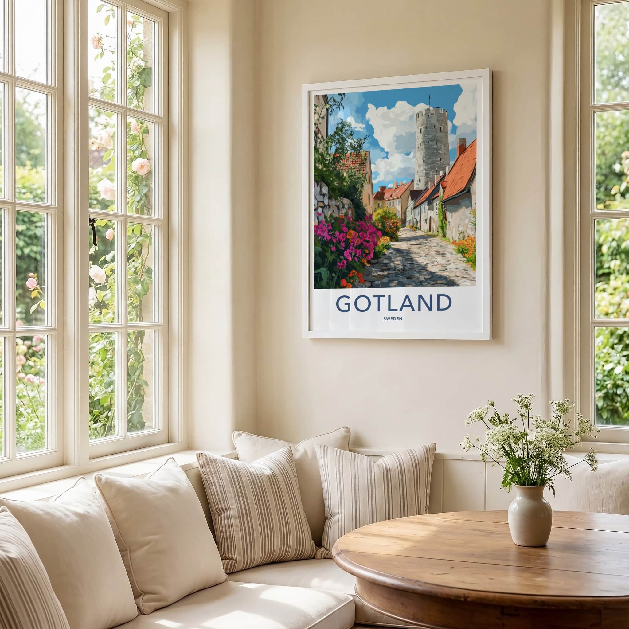 Gotland Poster - Sweden Wall Art - Cobblestone Street Tower Home Decor
