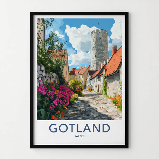 Gotland Poster - Sweden Wall Art - Cobblestone Street Tower Home Decor