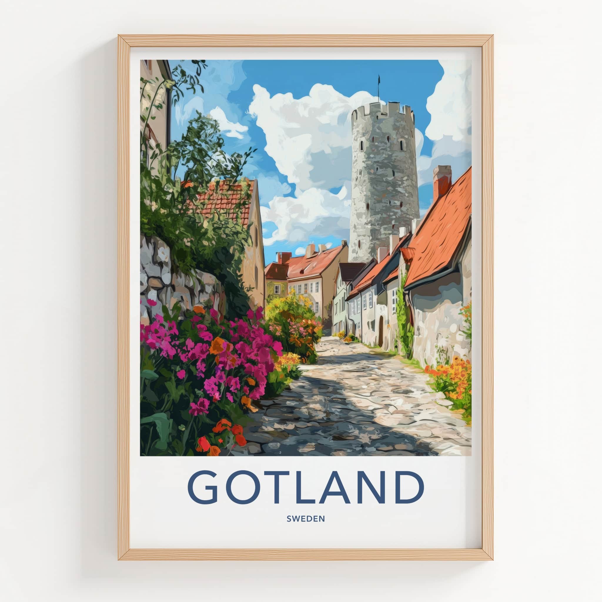 Gotland Poster - Sweden Wall Art - Cobblestone Street Tower Home Decor