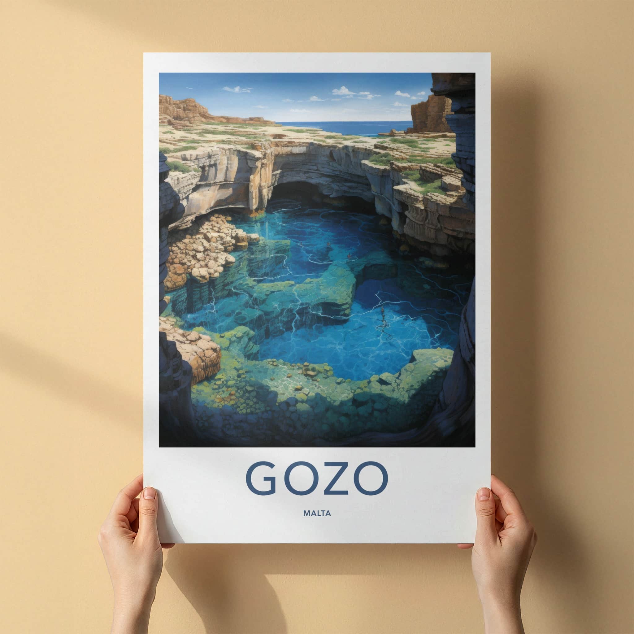 Gozo Poster - Malta Travel Art - Azure Water Cavern Home Decor