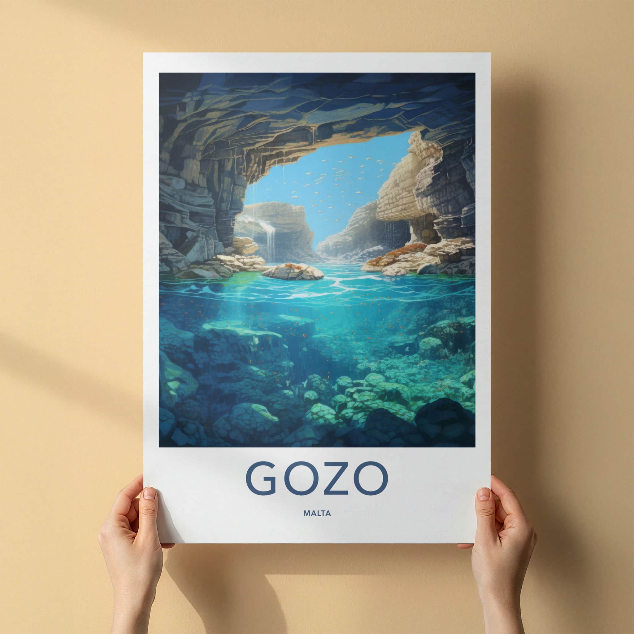 Gozo Poster - Malta Travel Art - Submerged Grotto Waters Home Decor