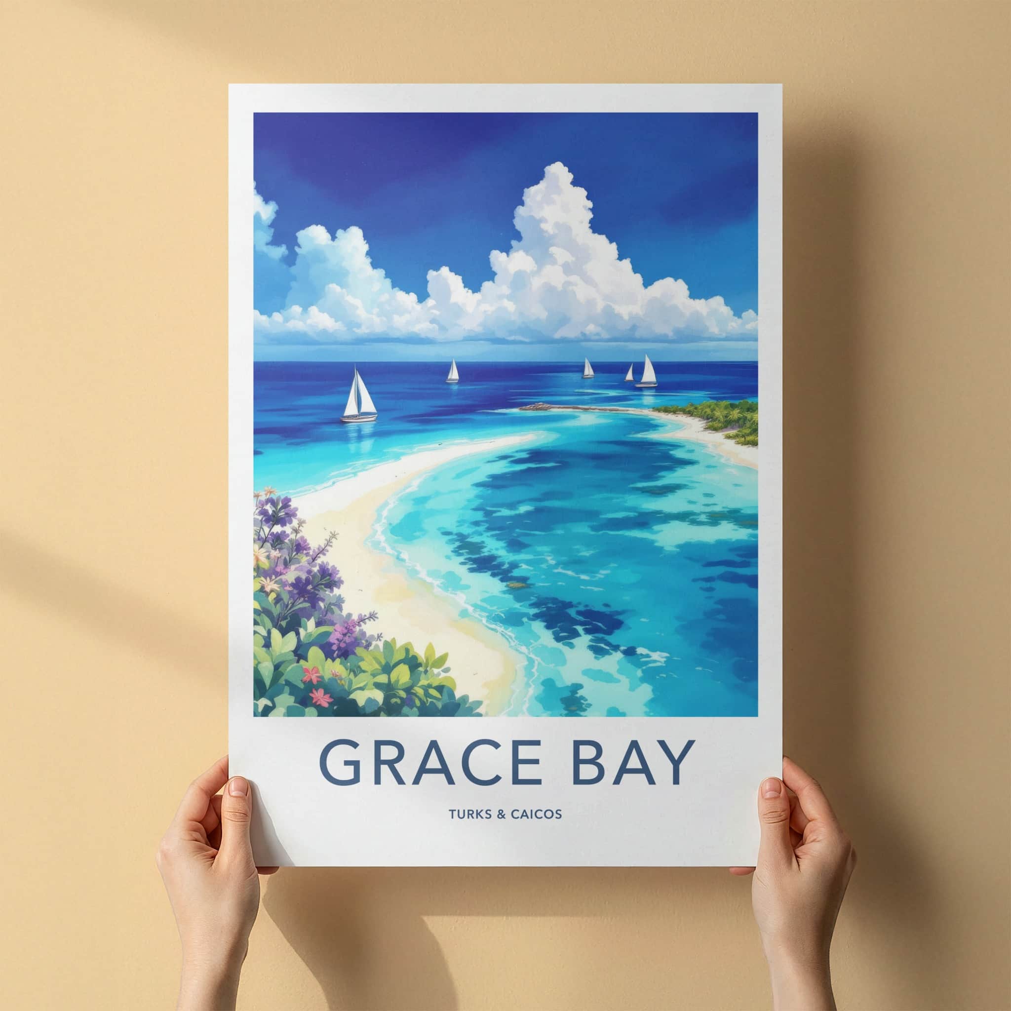 Grace Bay Poster - Turks Caicos Travel Art - Tropical Beach Sailboats Home Decor