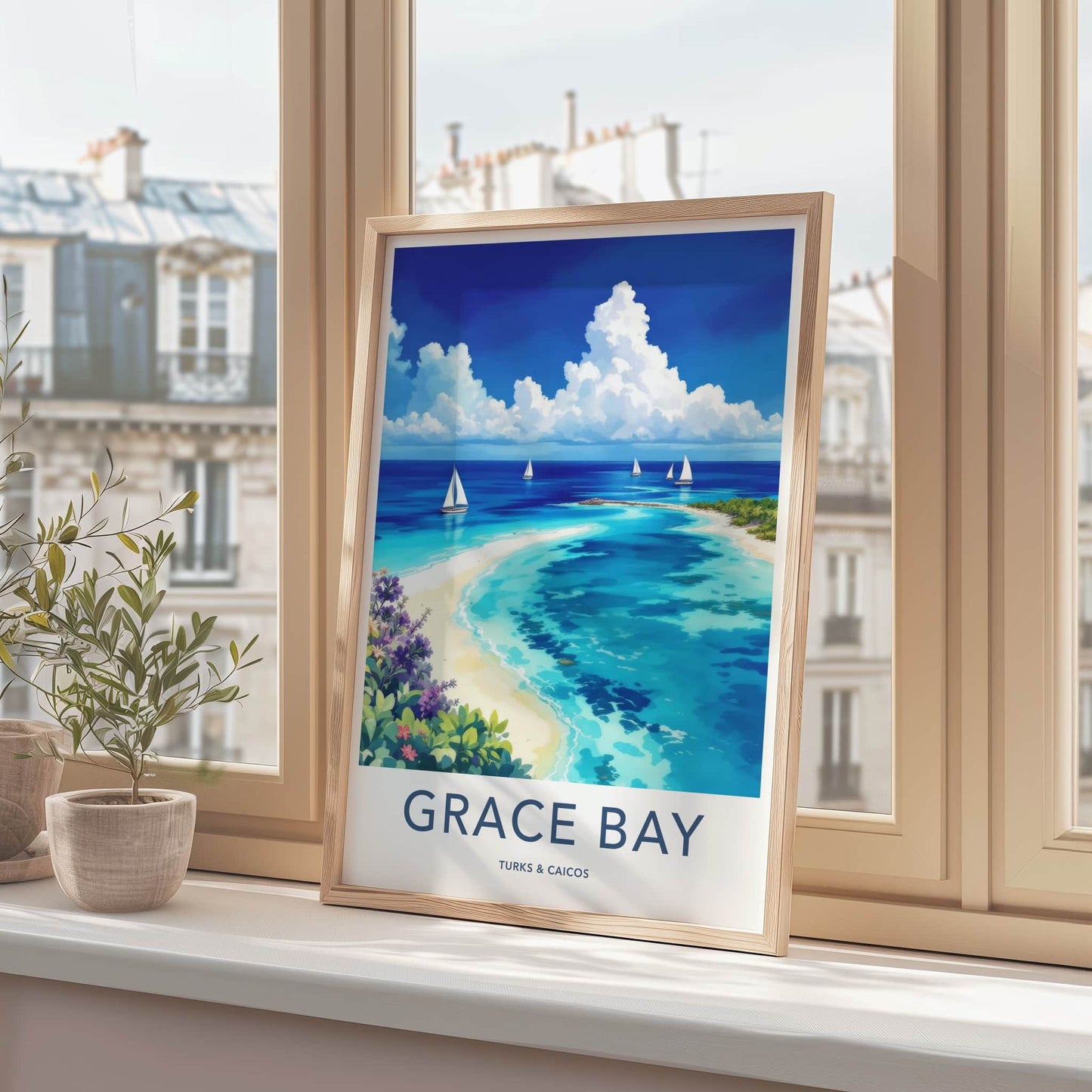 Grace Bay Poster - Turks Caicos Travel Art - Tropical Beach Sailboats Home Decor