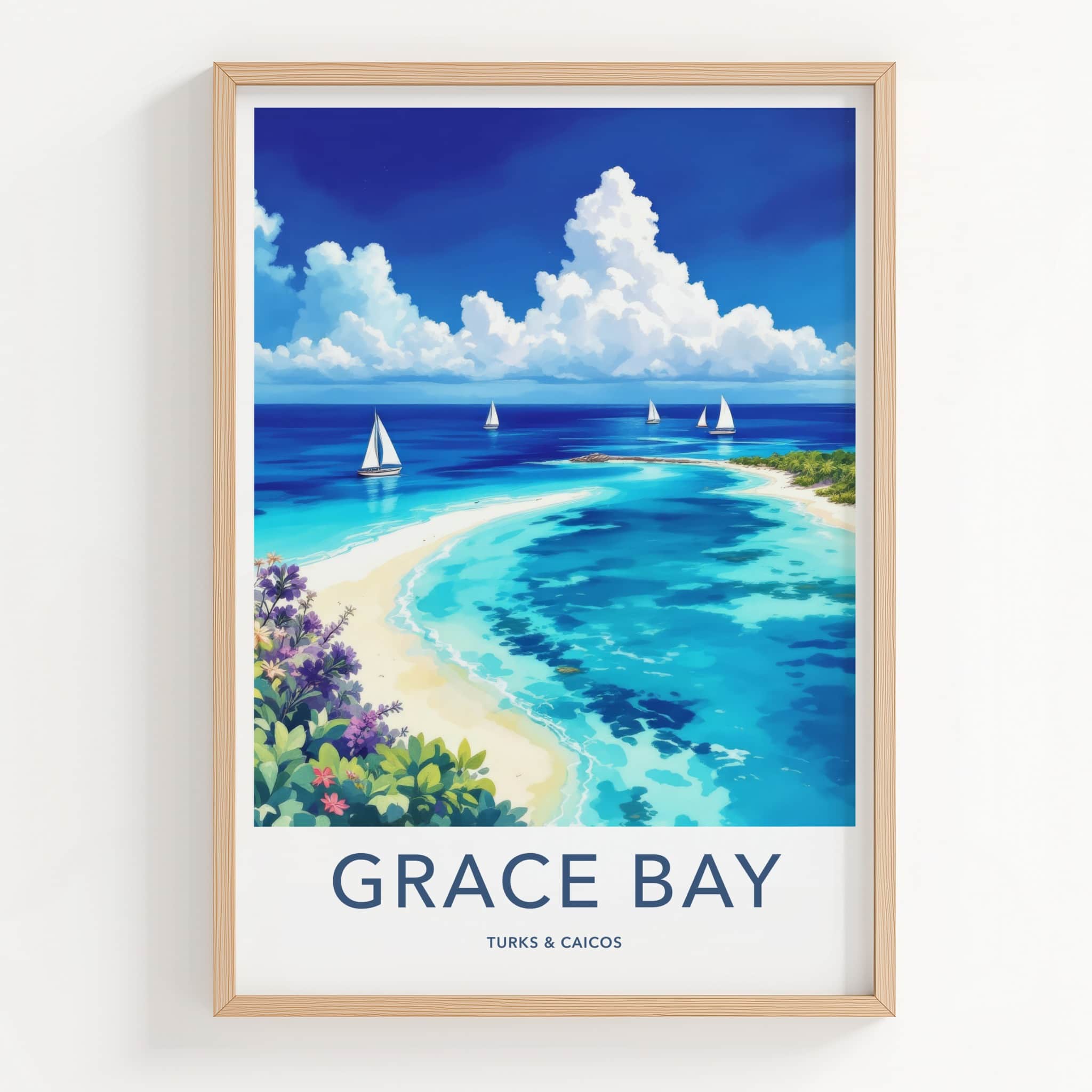 Grace Bay Poster - Turks Caicos Travel Art - Tropical Beach Sailboats Home Decor