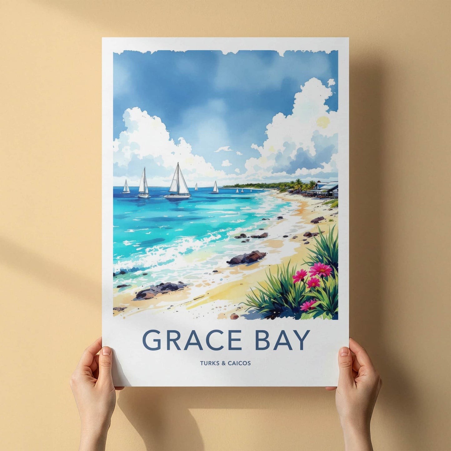 Grace Bay Poster - Turks & Caicos Travel Art - Tropical Beach Scene Wall Decor