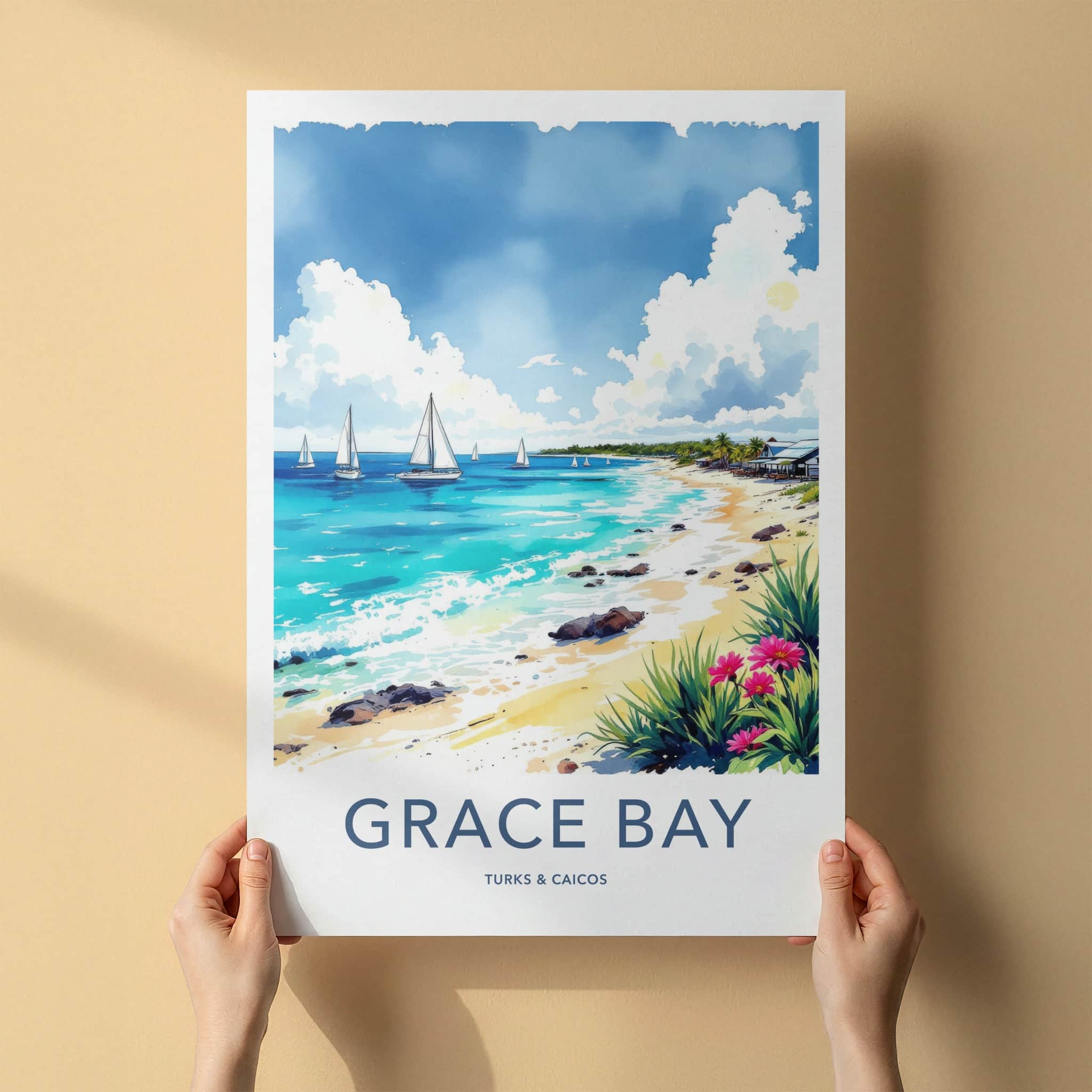 Grace Bay Poster - Turks & Caicos Travel Art - Tropical Beach Scene Wall Decor