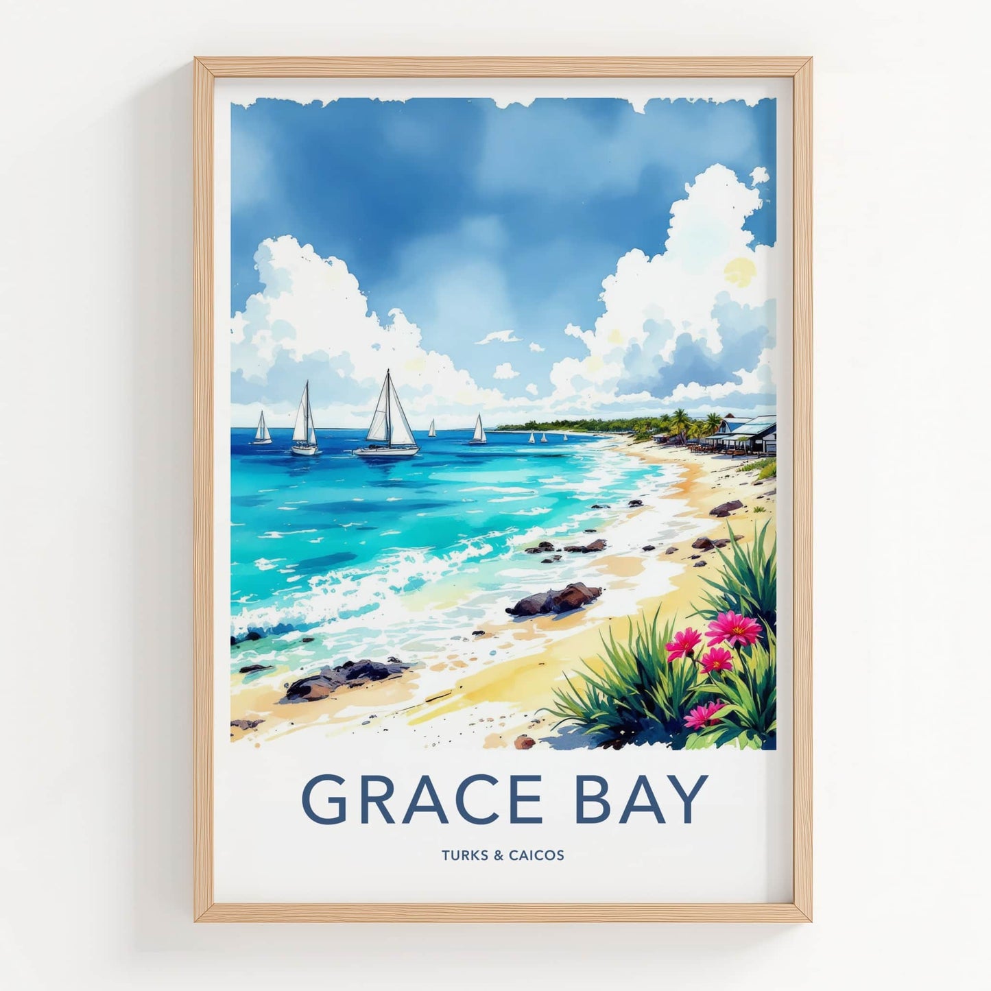 Grace Bay Poster - Turks & Caicos Travel Art - Tropical Beach Scene Wall Decor