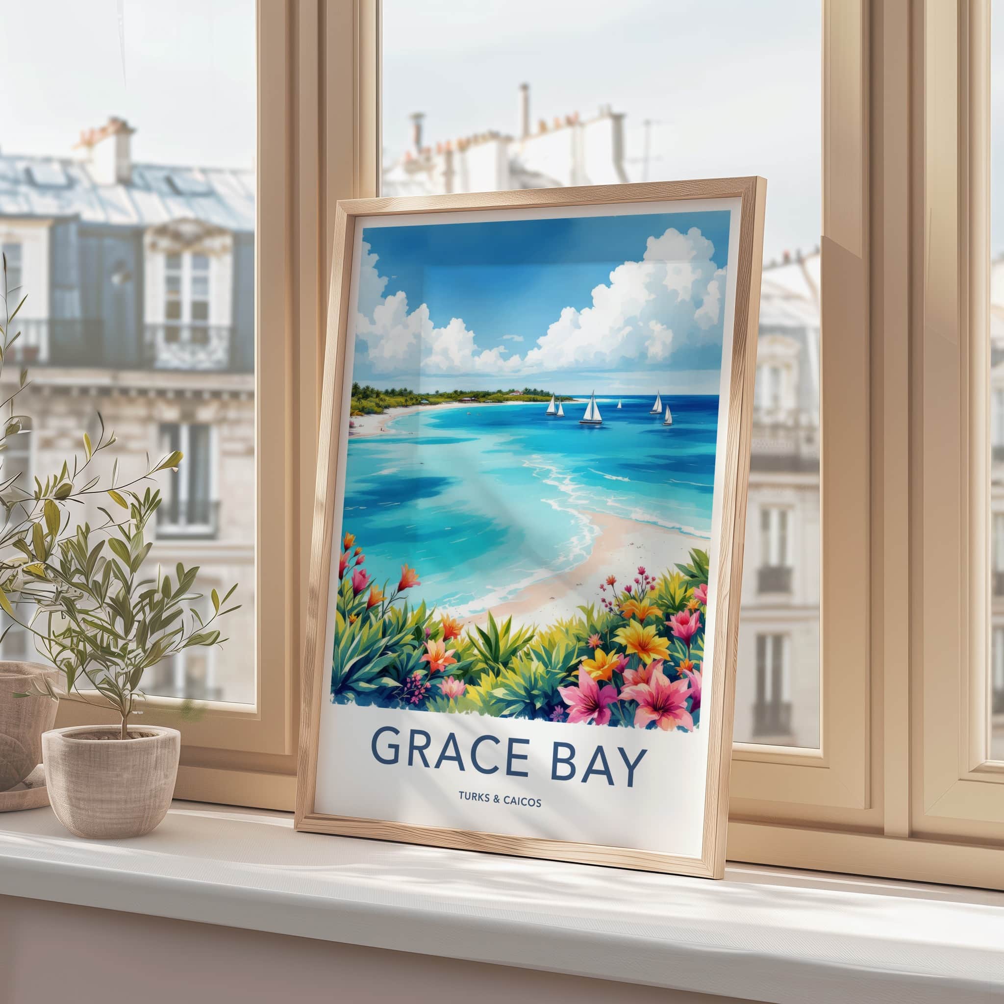 Grace Bay Poster - Turks & Caicos Travel Art - Turquoise Water Sailboats Wall Decor