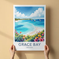 Grace Bay Poster - Turks & Caicos Travel Art - Turquoise Water Sailboats Wall Decor