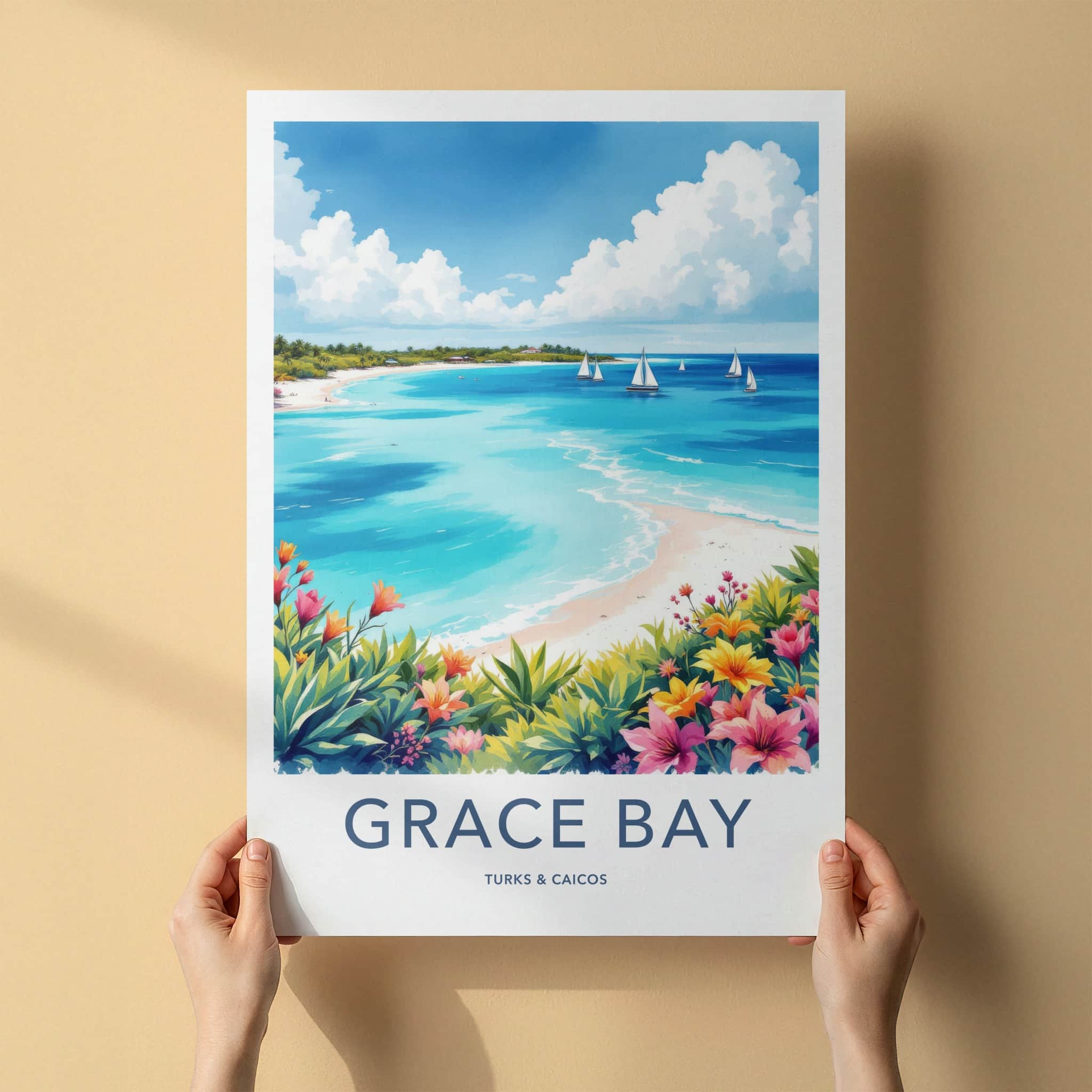 Grace Bay Poster - Turks & Caicos Travel Art - Turquoise Water Sailboats Wall Decor