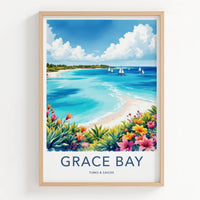 Grace Bay Poster - Turks & Caicos Travel Art - Turquoise Water Sailboats Wall Decor