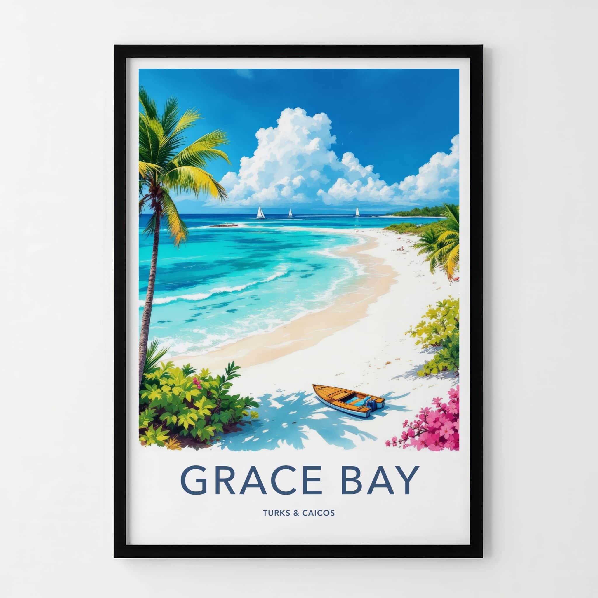 Grace Bay Poster - Turks & Caicos Travel Print - Tropical Beach Boat Wall Decor