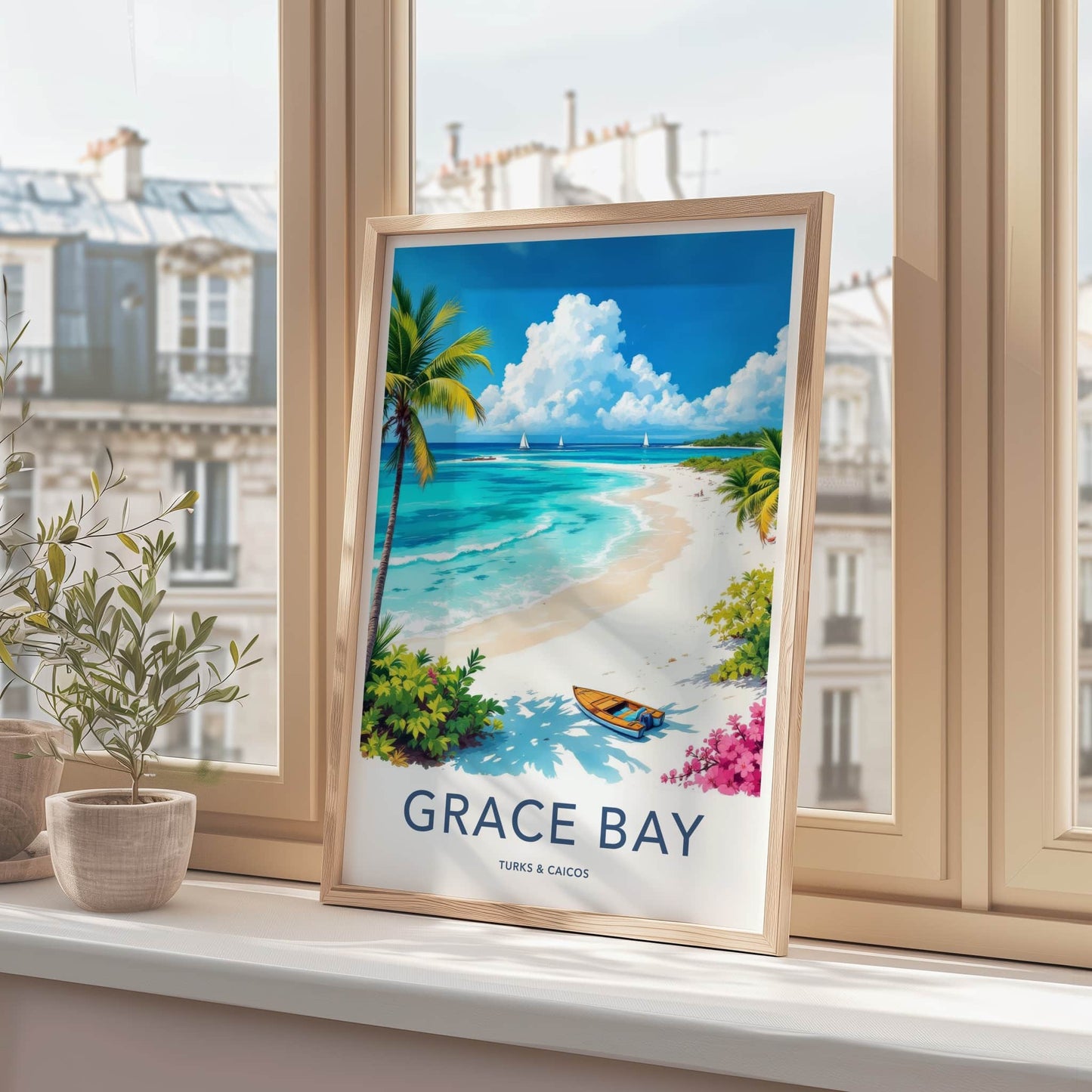 Grace Bay Poster - Turks & Caicos Travel Print - Tropical Beach Boat Wall Decor