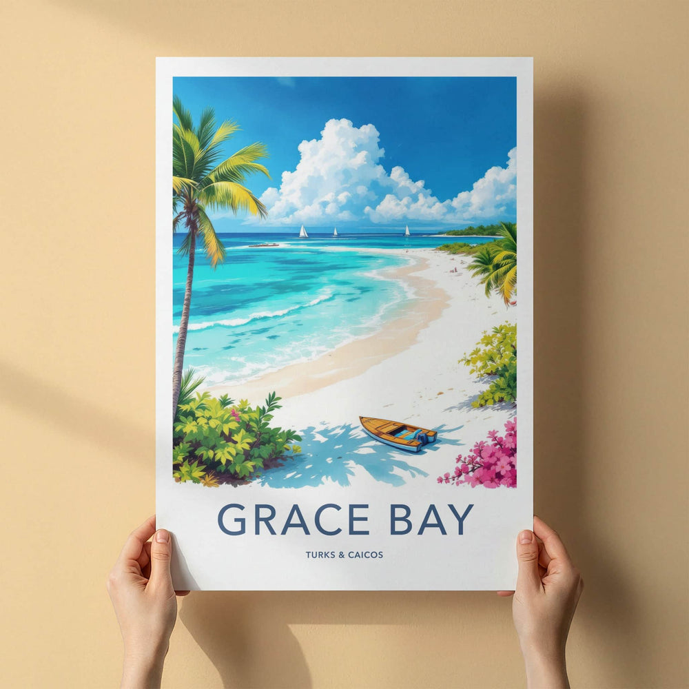 Grace Bay Poster - Turks & Caicos Travel Print - Tropical Beach Boat Wall Decor
