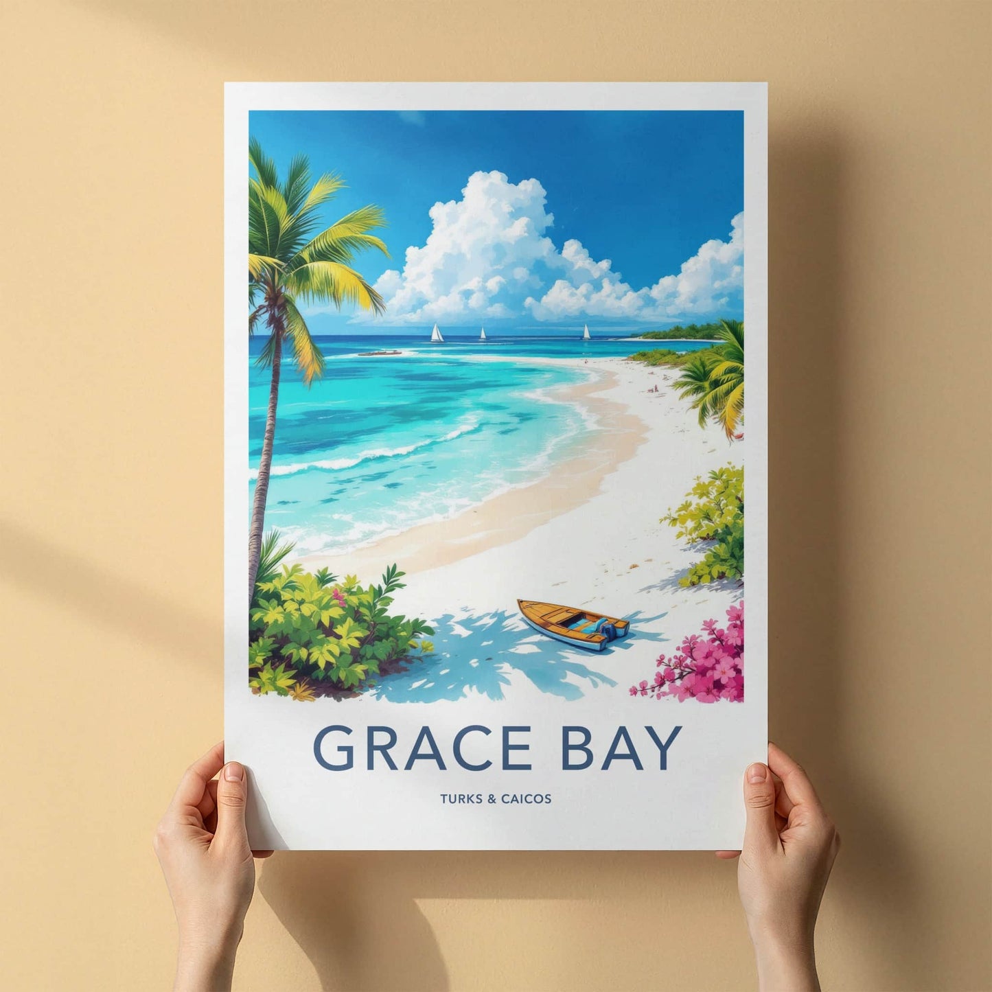 Grace Bay Poster - Turks & Caicos Travel Print - Tropical Beach Boat Wall Decor