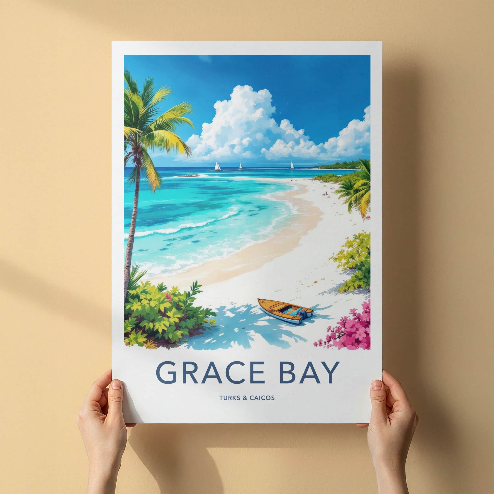 Grace Bay Poster - Turks & Caicos Travel Print - Tropical Beach Boat Wall Decor