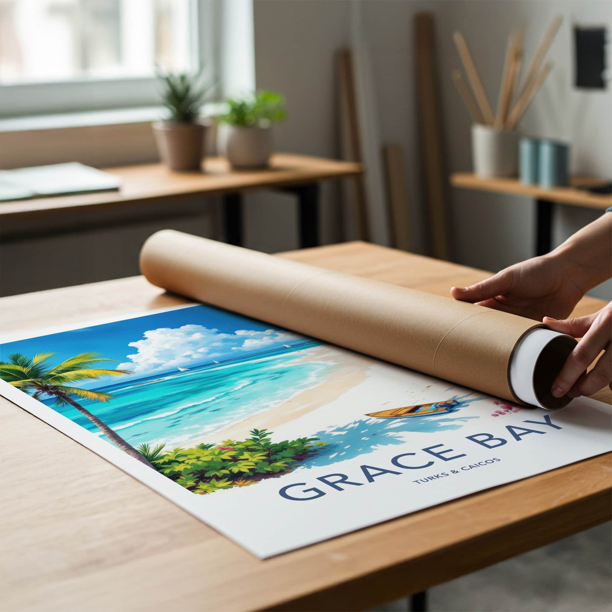 Grace Bay Poster - Turks & Caicos Travel Print - Tropical Beach Boat Wall Decor