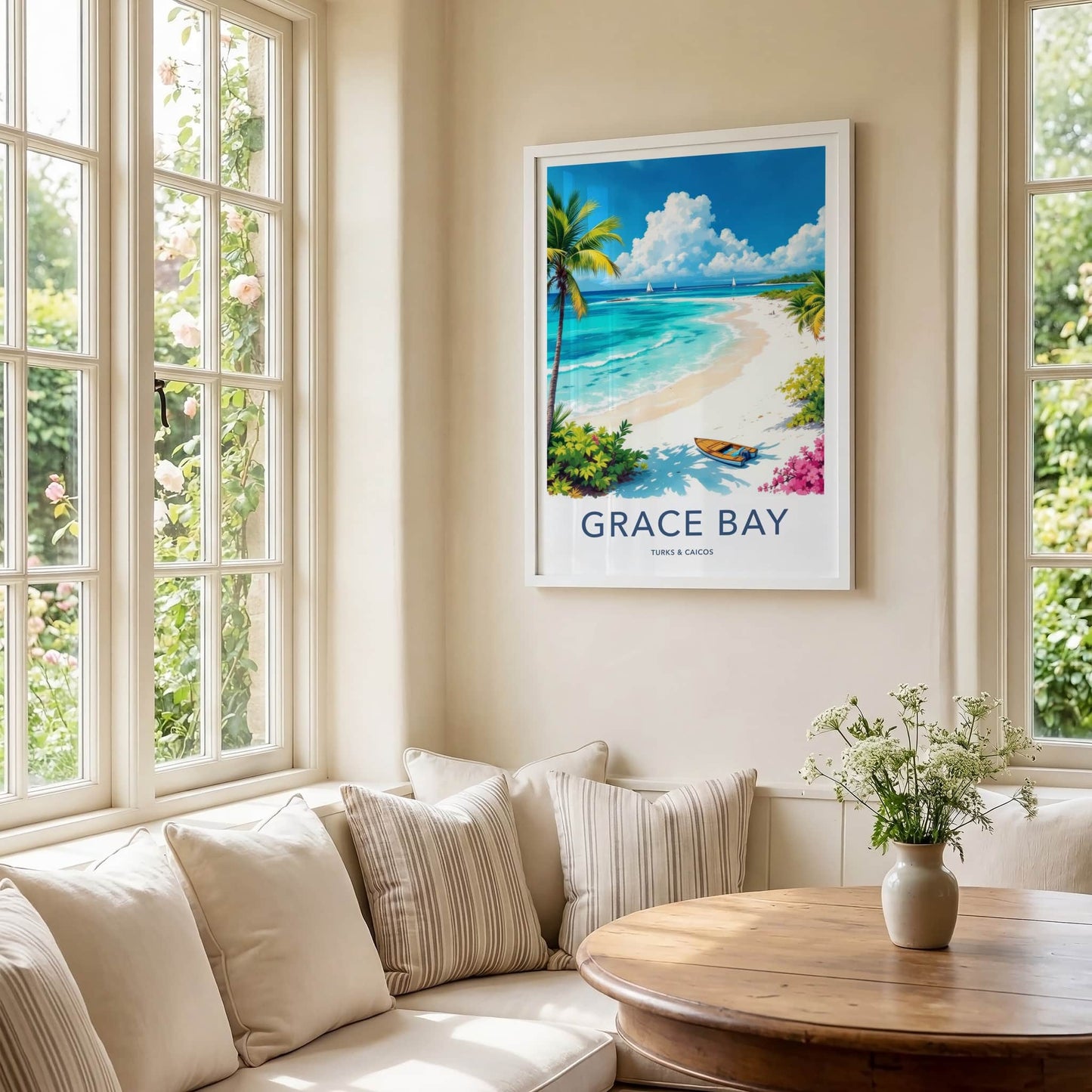 Grace Bay Poster - Turks & Caicos Travel Print - Tropical Beach Boat Wall Decor