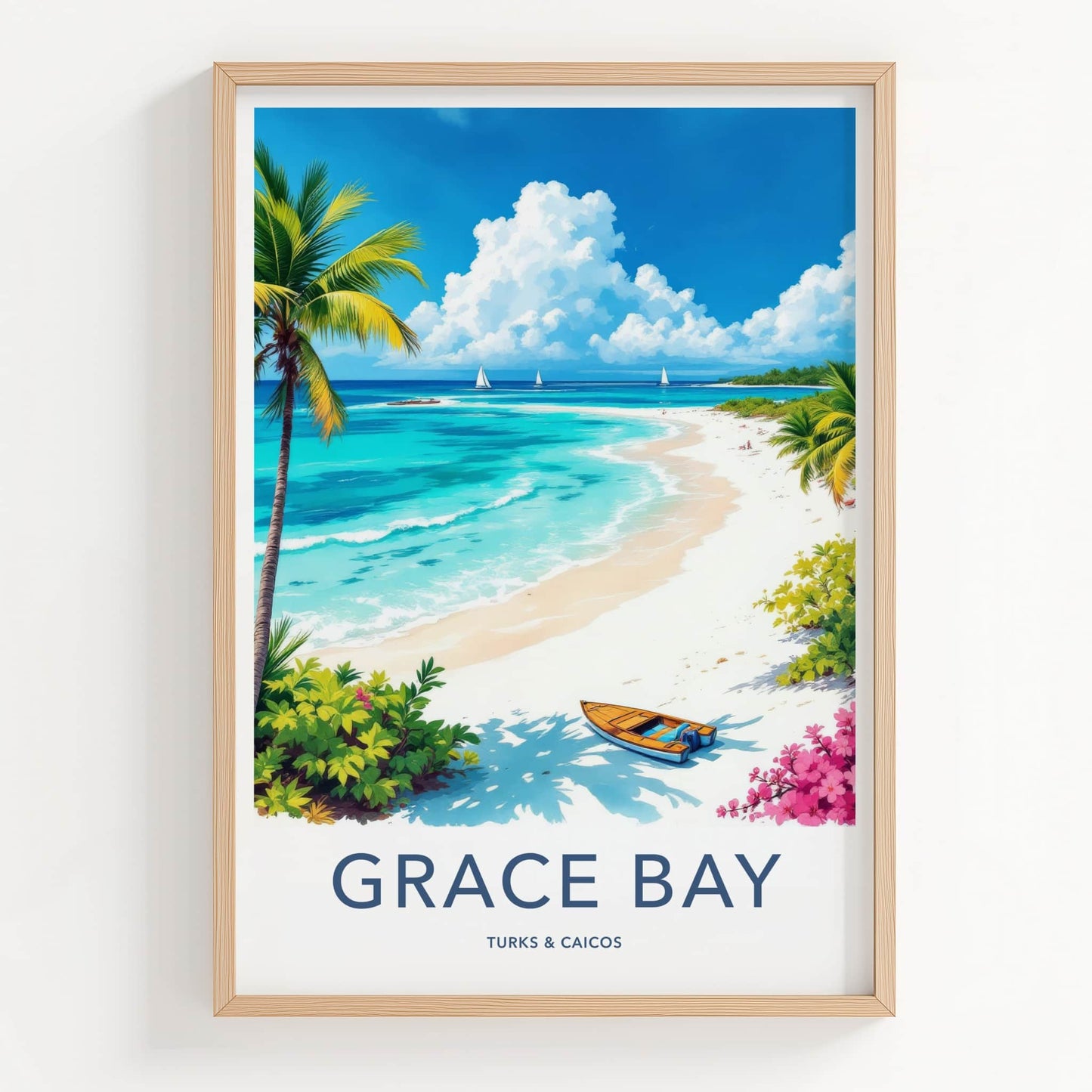 Grace Bay Poster - Turks & Caicos Travel Print - Tropical Beach Boat Wall Decor