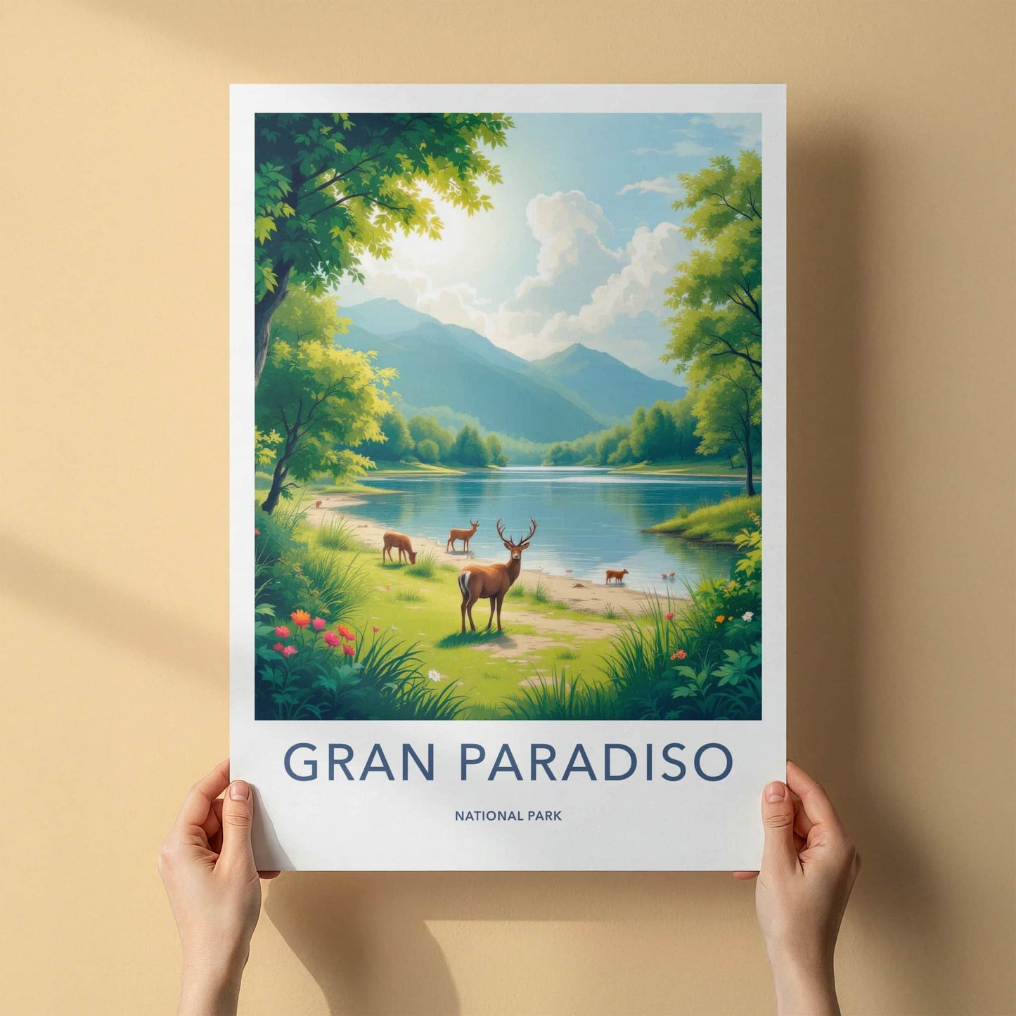 Gran Paradiso National Park Poster - Italy Art Print - Lakeside Deer Grazing Home Decor
