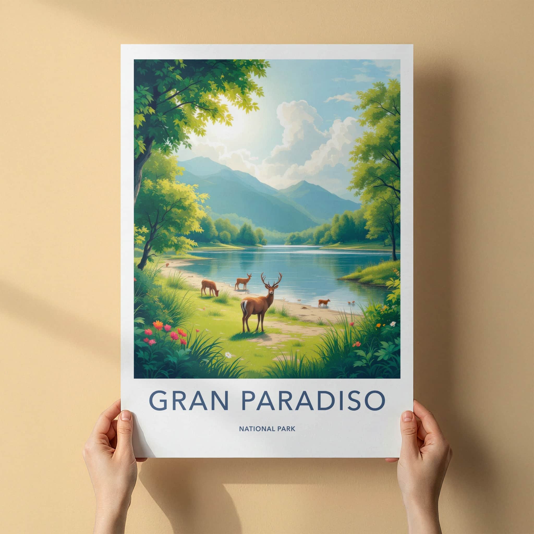 Gran Paradiso National Park Poster - Italy Art Print - Lakeside Deer Grazing Home Decor