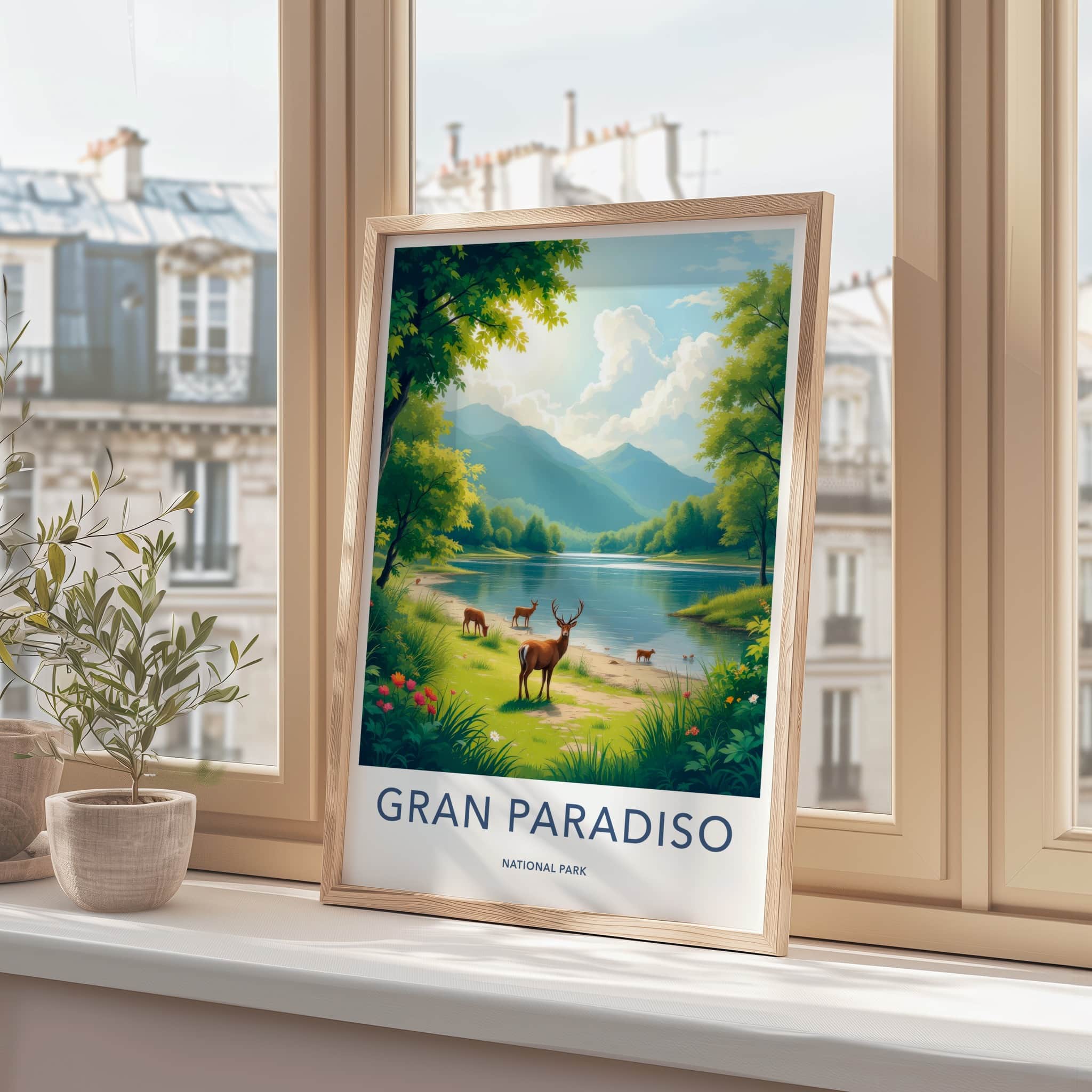 Gran Paradiso National Park Poster - Italy Art Print - Lakeside Deer Grazing Home Decor