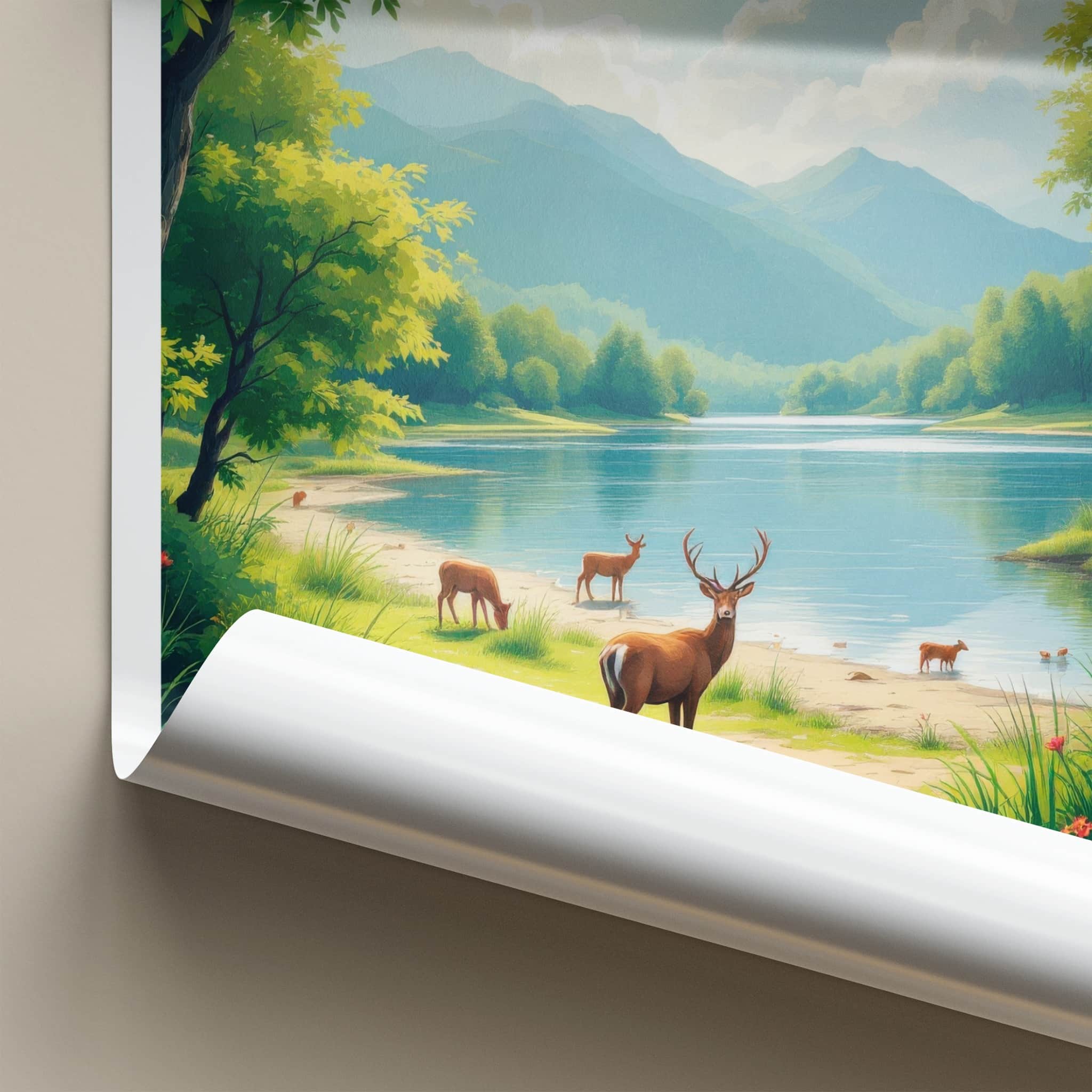 Gran Paradiso National Park Poster - Italy Art Print - Lakeside Deer Grazing Home Decor
