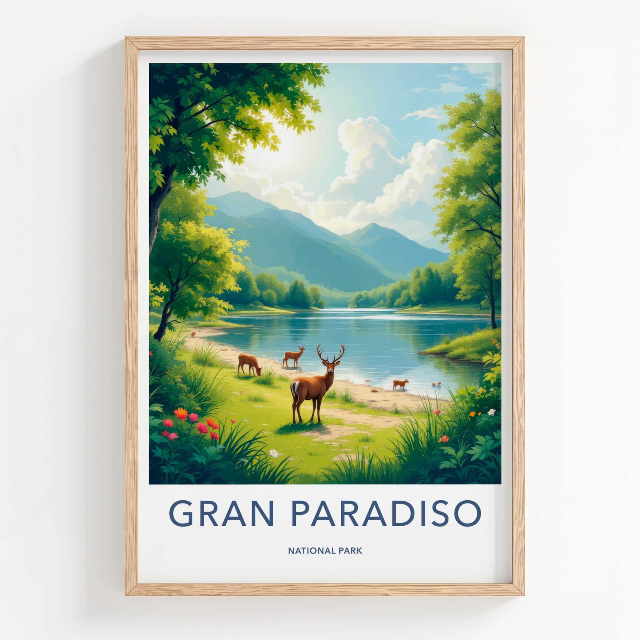 Gran Paradiso National Park Poster - Italy Art Print - Lakeside Deer Grazing Home Decor