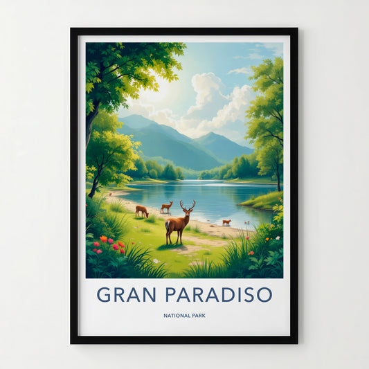 Gran Paradiso National Park Poster - Italy Art Print - Lakeside Deer Grazing Home Decor