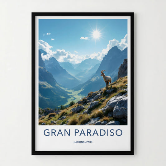 Gran Paradiso Poster - Italy Travel Art - Alpine Valley Ibex Wall Decor
