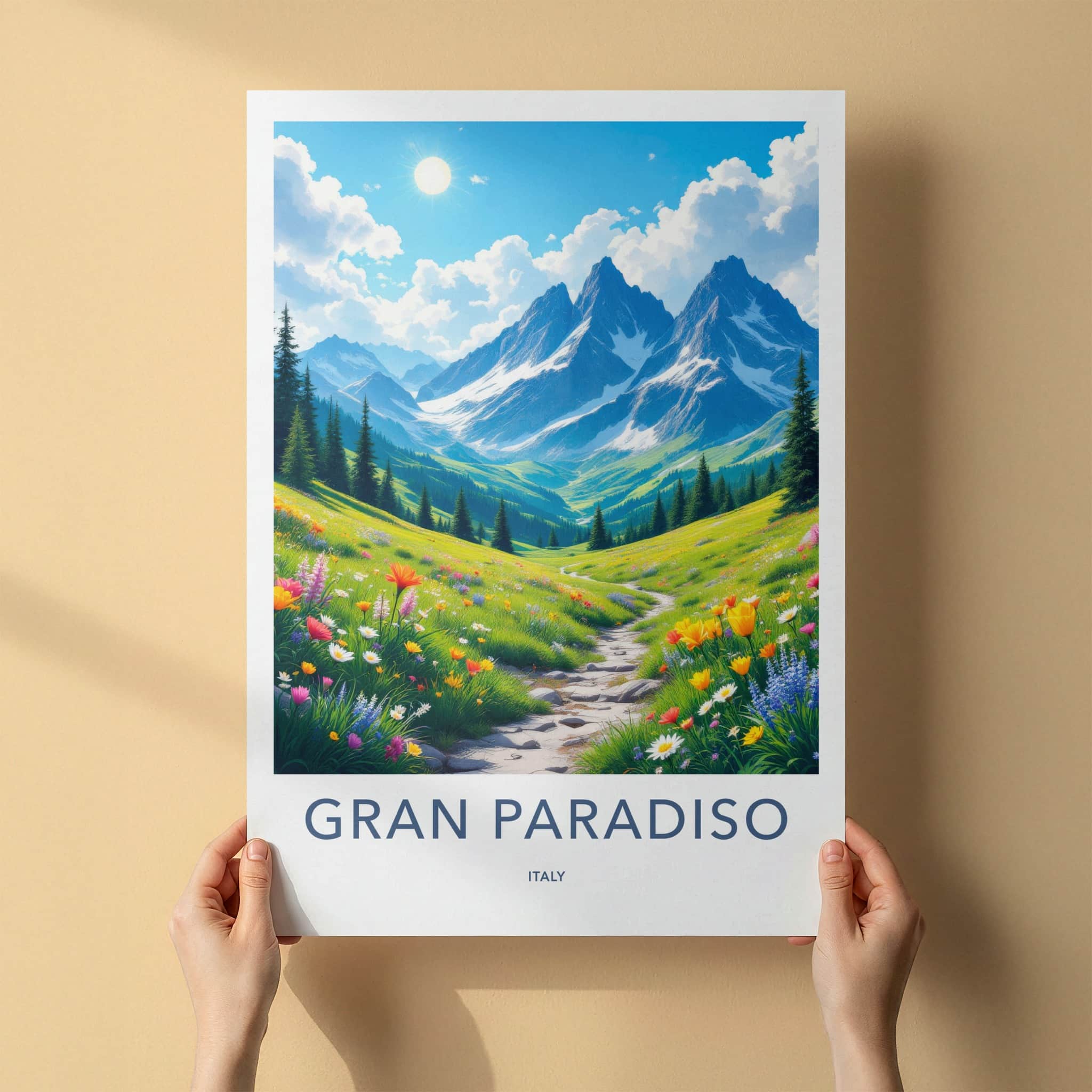 Gran Paradiso Poster - Italy Travel Art - Mountain Meadow Path Home Decor