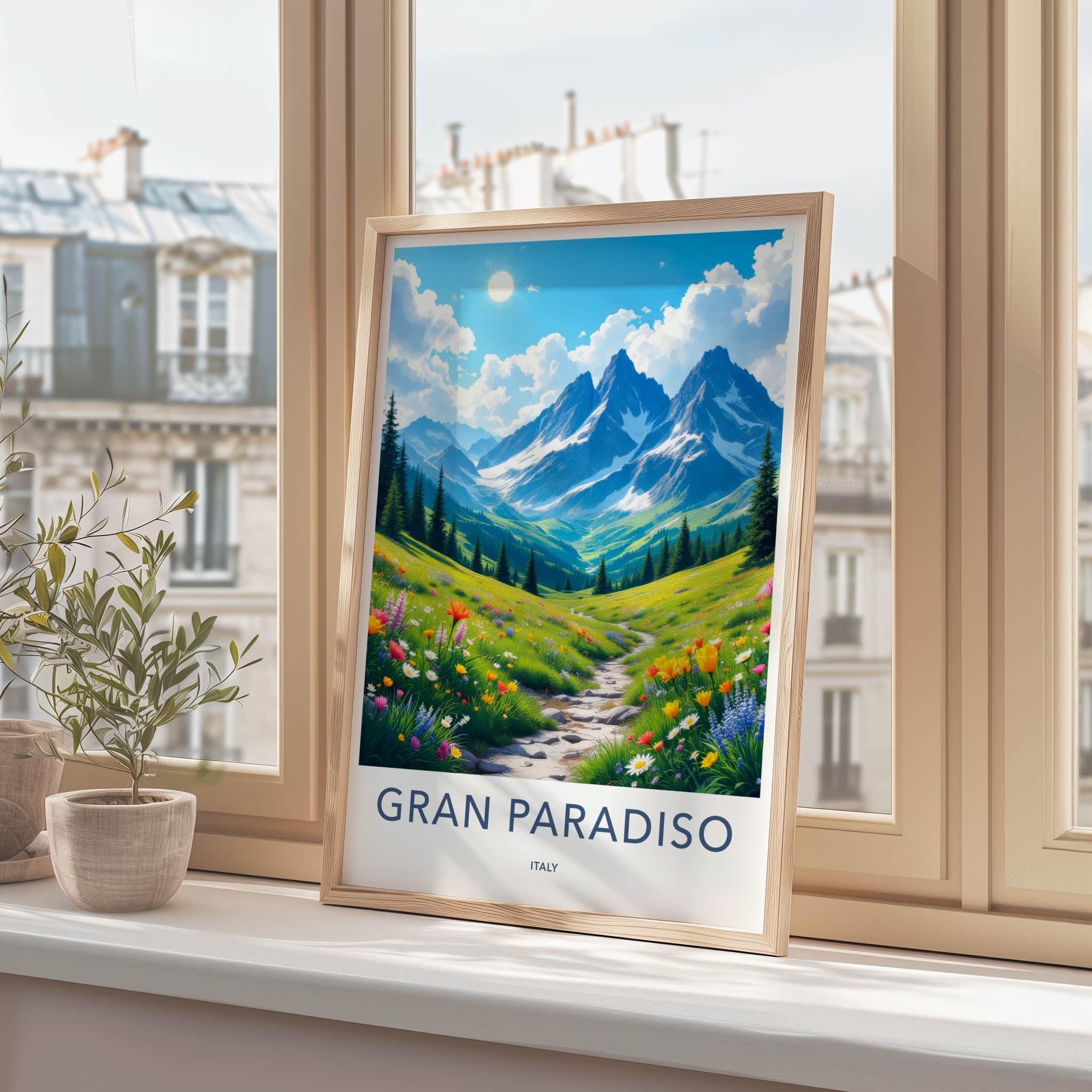 Gran Paradiso Poster - Italy Travel Art - Mountain Meadow Path Home Decor