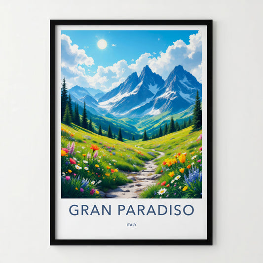 Gran Paradiso Poster - Italy Travel Art - Mountain Meadow Path Home Decor
