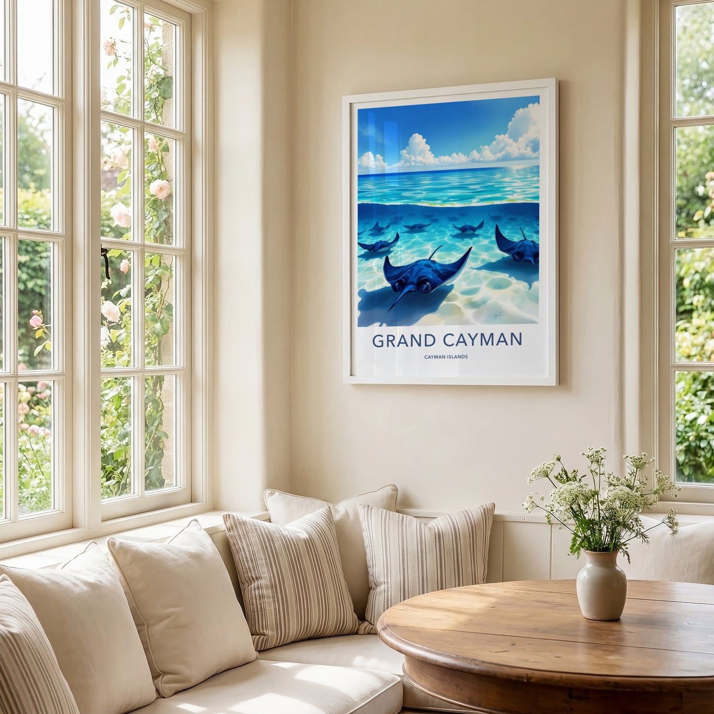 Grand Cayman Poster - Cayman Islands Travel Art - Swimming Blue Stingrays Wall Decor