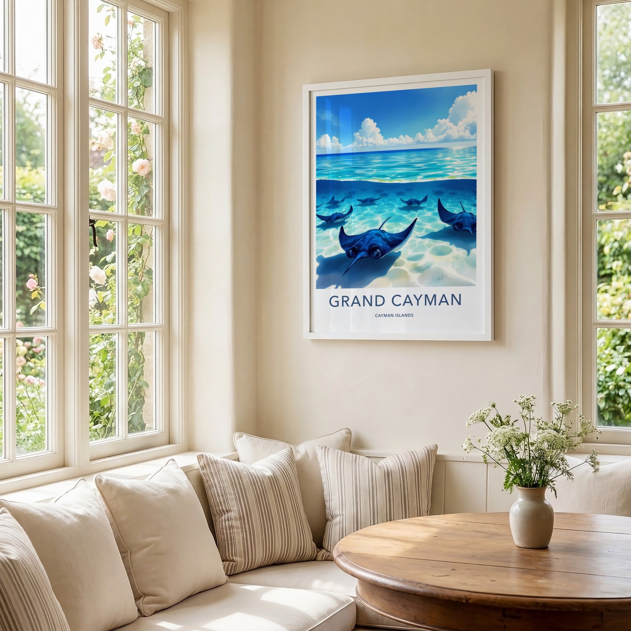 Grand Cayman Poster - Cayman Islands Travel Art - Swimming Blue Stingrays Wall Decor