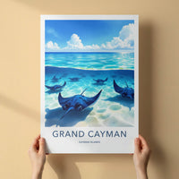 Grand Cayman Poster - Cayman Islands Travel Art - Swimming Blue Stingrays Wall Decor