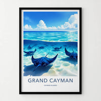 Grand Cayman Poster - Cayman Islands Travel Art - Swimming Blue Stingrays Wall Decor