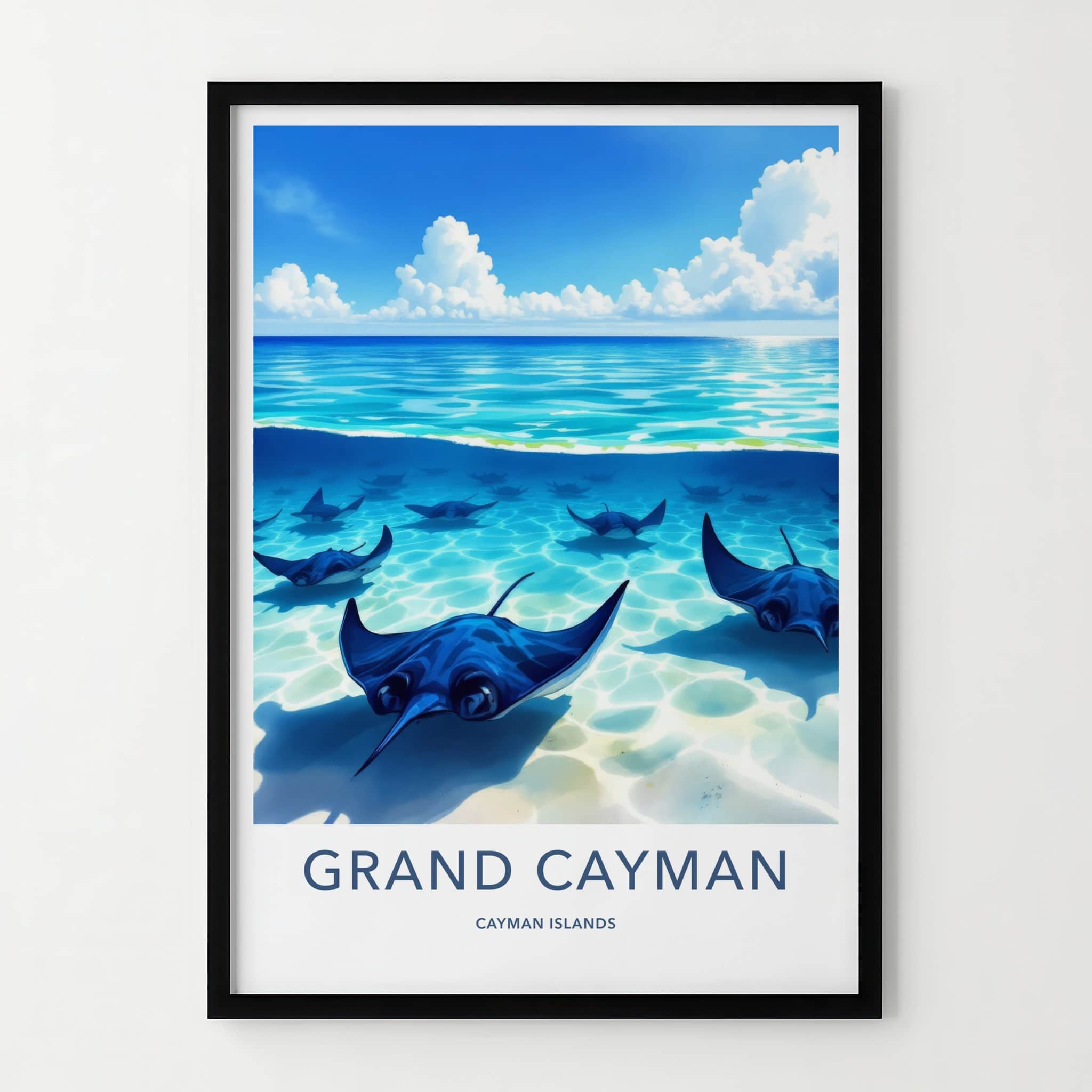 Grand Cayman Poster - Cayman Islands Travel Art - Swimming Blue Stingrays Wall Decor