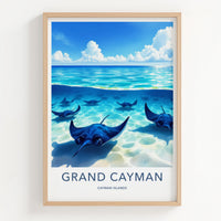 Grand Cayman Poster - Cayman Islands Travel Art - Swimming Blue Stingrays Wall Decor