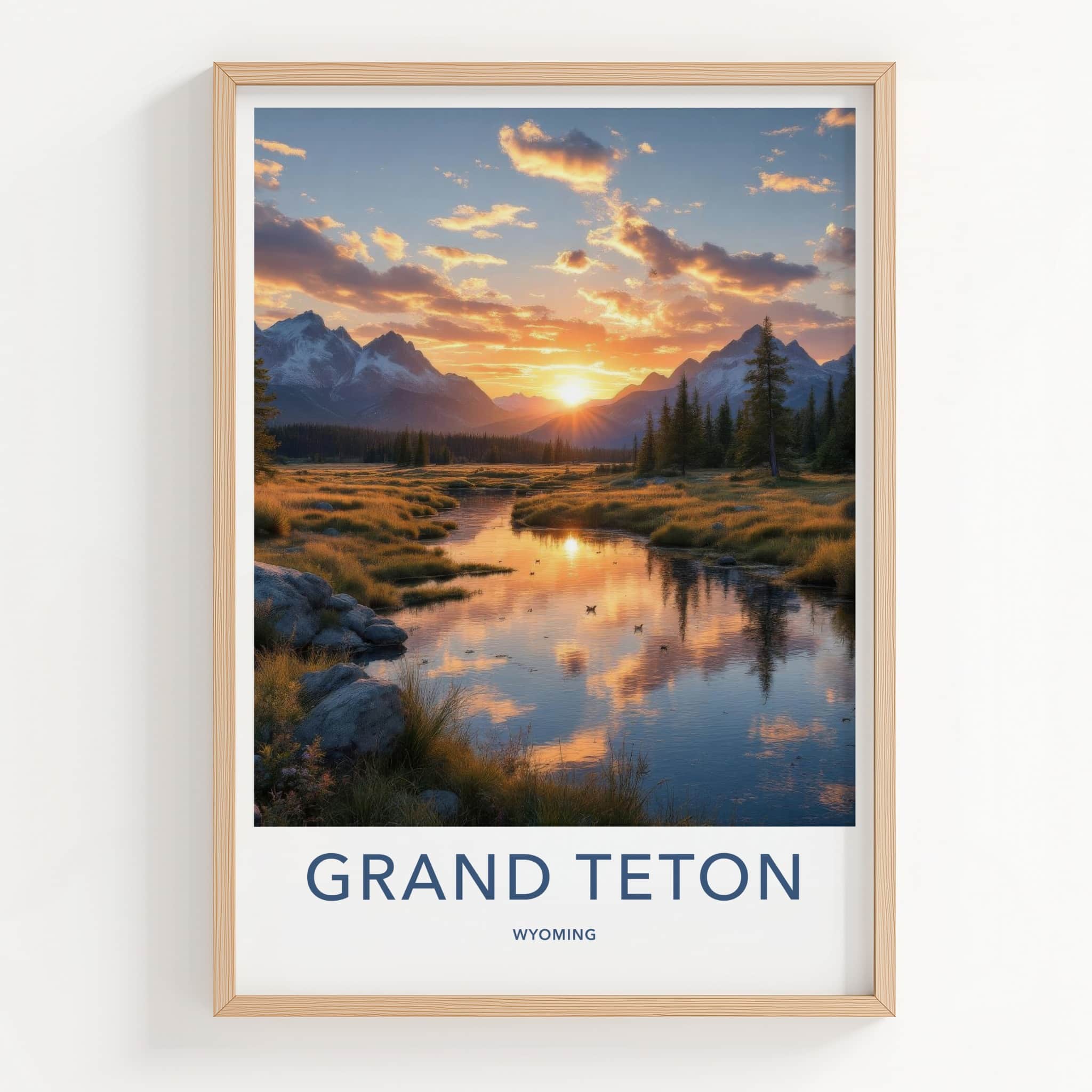 Grand Teton Poster - Wyoming Art Print - Sunset Mountain River Home Decor