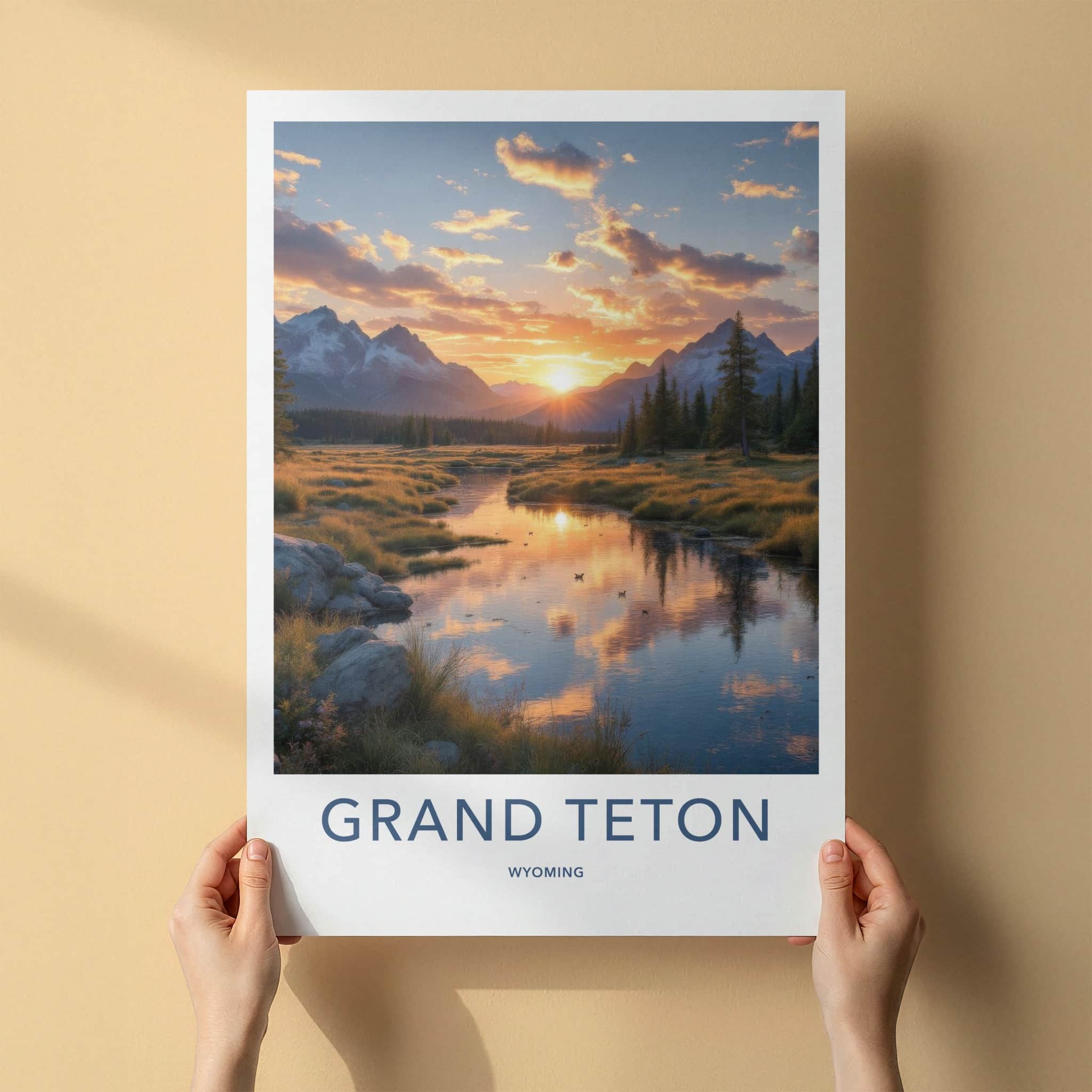 Grand Teton Poster - Wyoming Art Print - Sunset Mountain River Home Decor