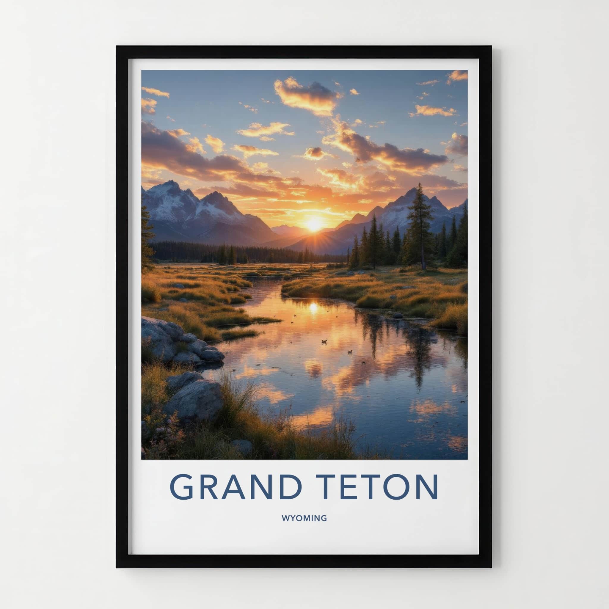 Grand Teton Poster - Wyoming Art Print - Sunset Mountain River Home Decor