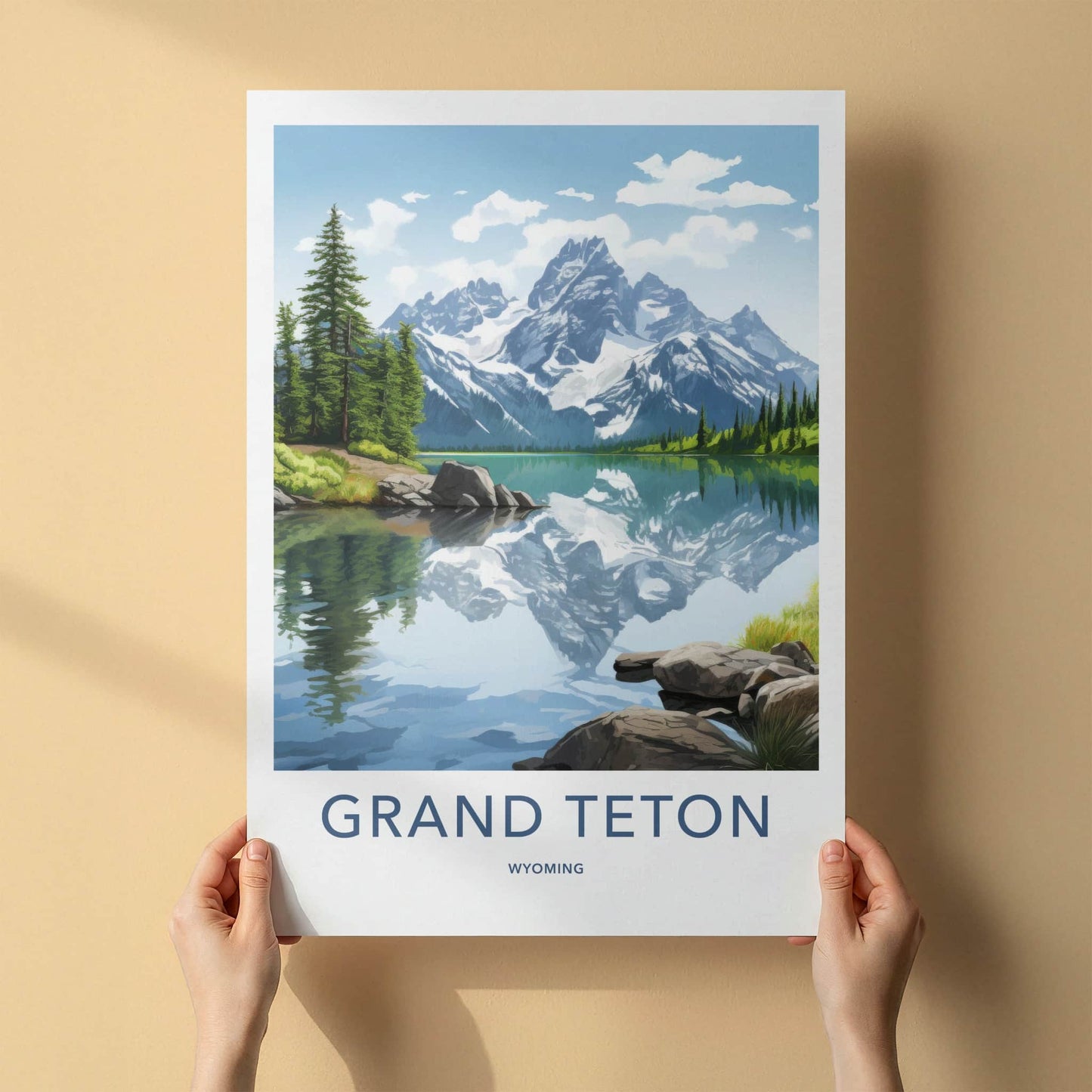 Grand Teton Poster - Wyoming Travel Art - Snowy Peaks Reflection Home Decor