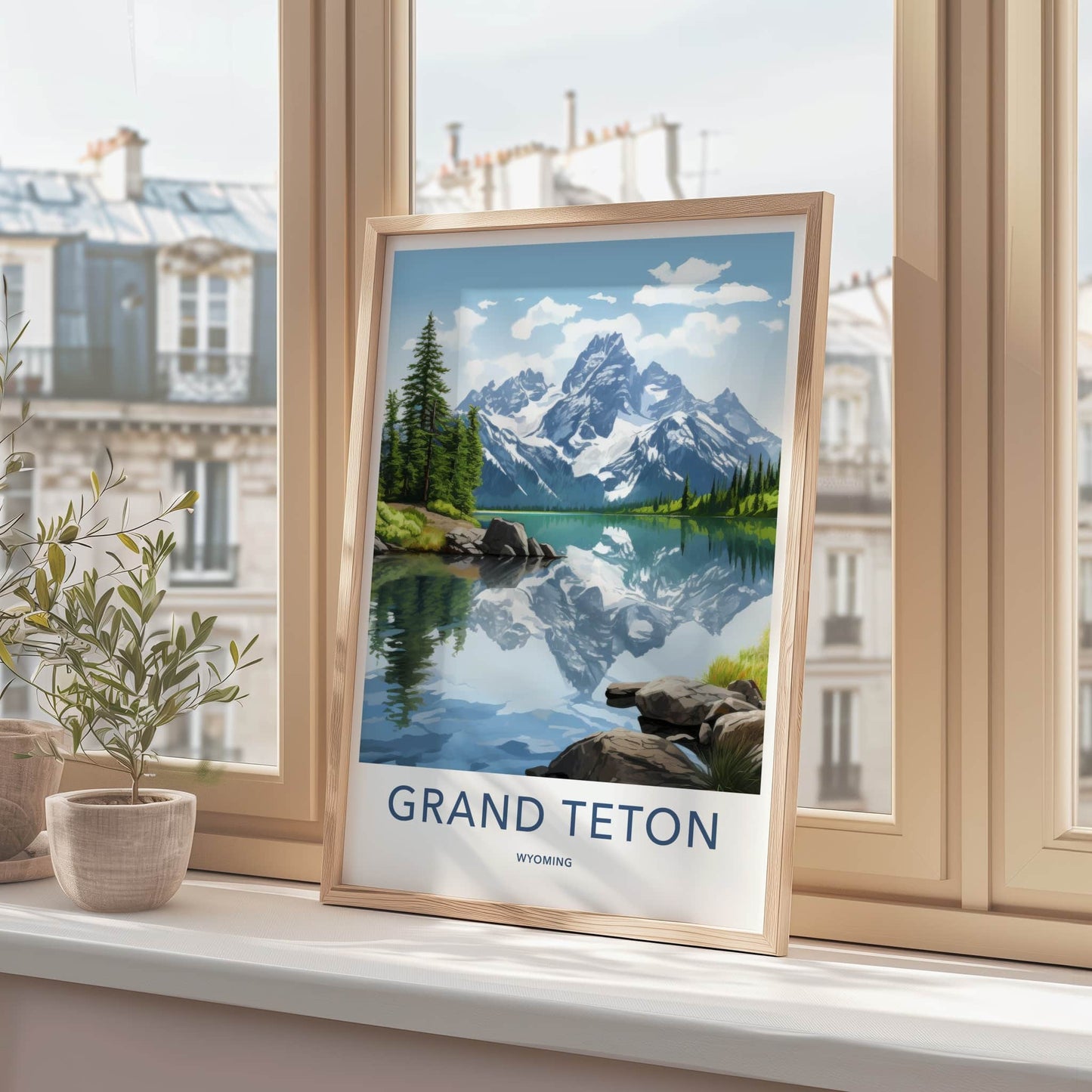 Grand Teton Poster - Wyoming Travel Art - Snowy Peaks Reflection Home Decor
