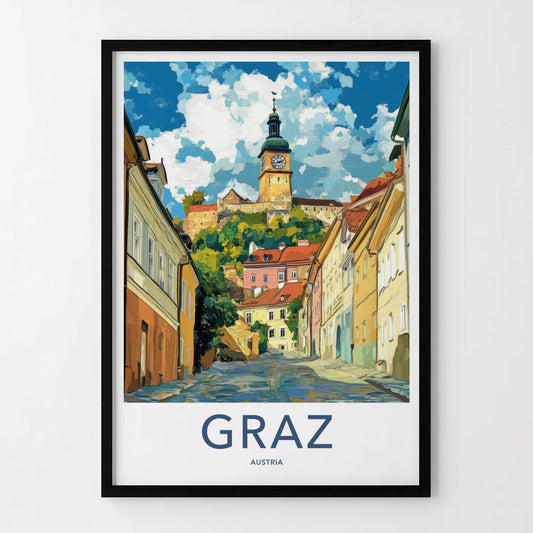 Graz Poster - Austria Travel Art - Hilltop Clock Tower Home Decor