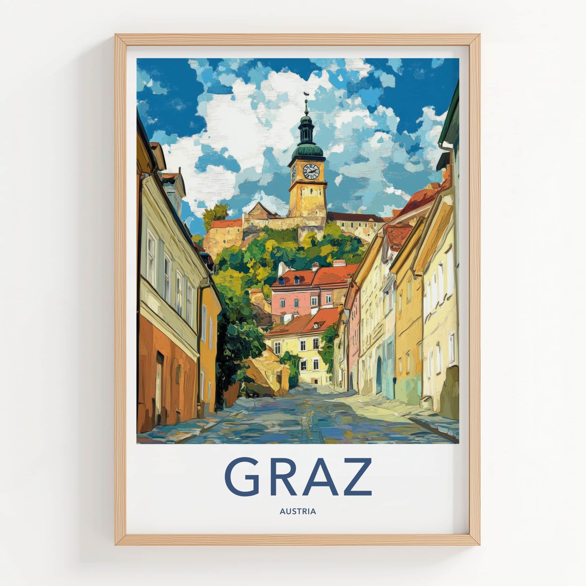Graz Poster - Austria Travel Art - Hilltop Clock Tower Home Decor