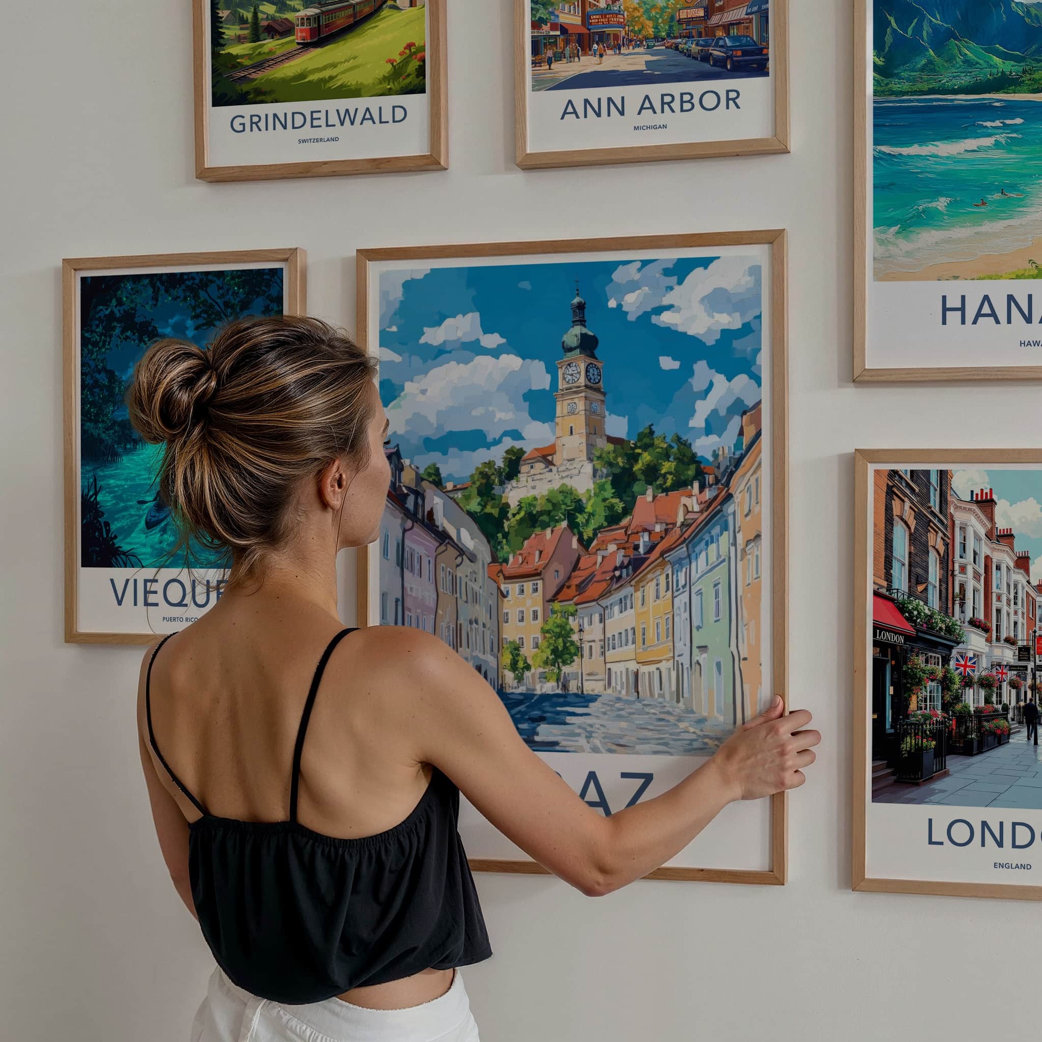 Graz Poster - Austria Travel Art - Hilltop Clock Tower Home Decor