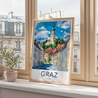 Graz Poster - Austria Travel Art - Hilltop Clock Tower Home Decor