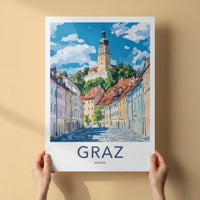 Graz Poster - Austria Travel Art - Hilltop Clock Tower Home Decor