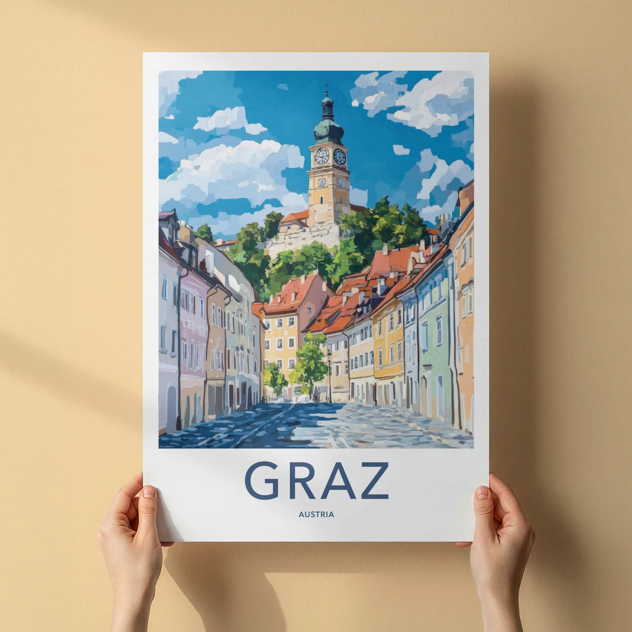 Graz Poster - Austria Travel Art - Hilltop Clock Tower Home Decor